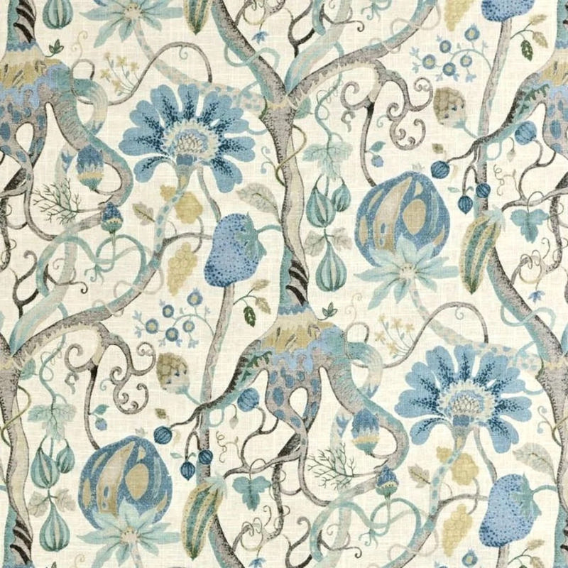 Ink Blue Jacobean Floral Toile Fabric