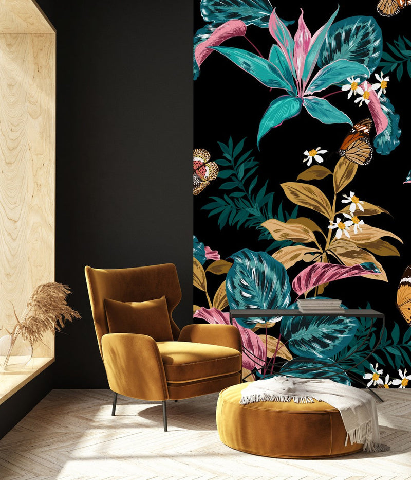 Contemporary Black Wallpaper with Butterflies Tasteful