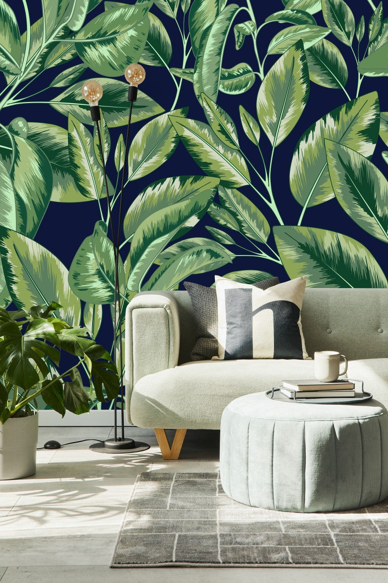 Contemporary Dark Wallpaper with Green Leaves Tasteful High-Quality