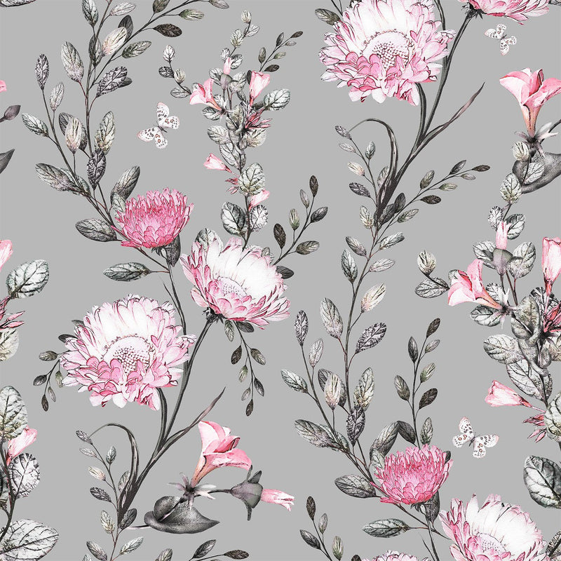 Modish Grey Wallpaper with Pink Flowers