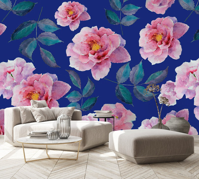Pink Roses on Blue Wallpaper