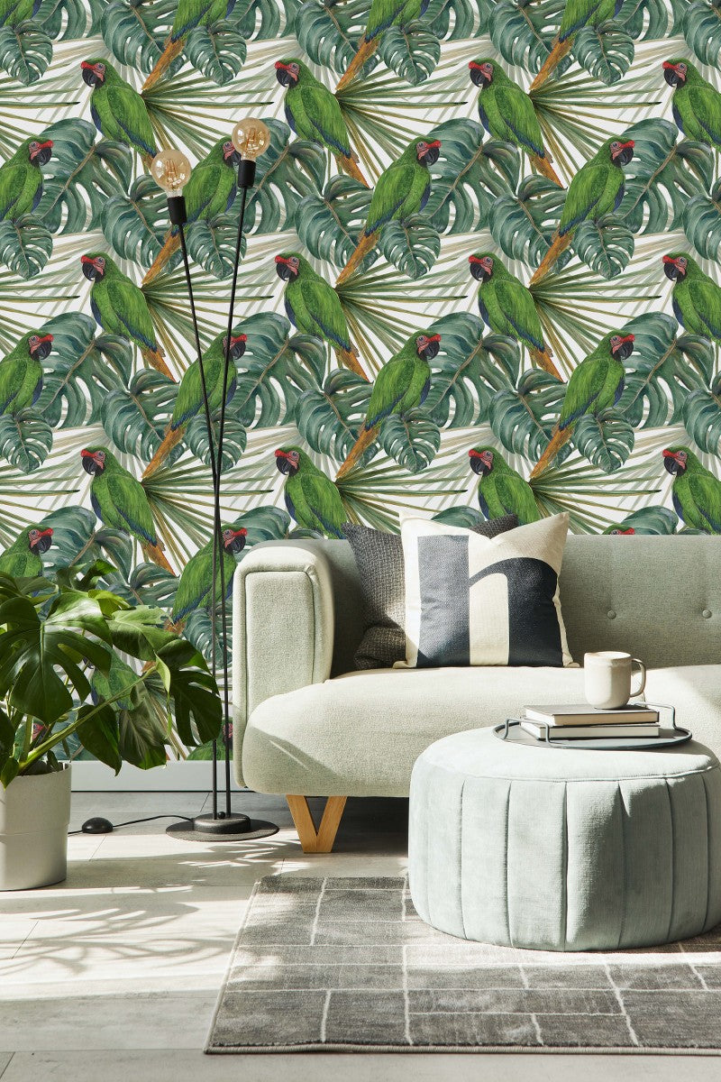 Parrots on Monstera Leaves Wallpaper