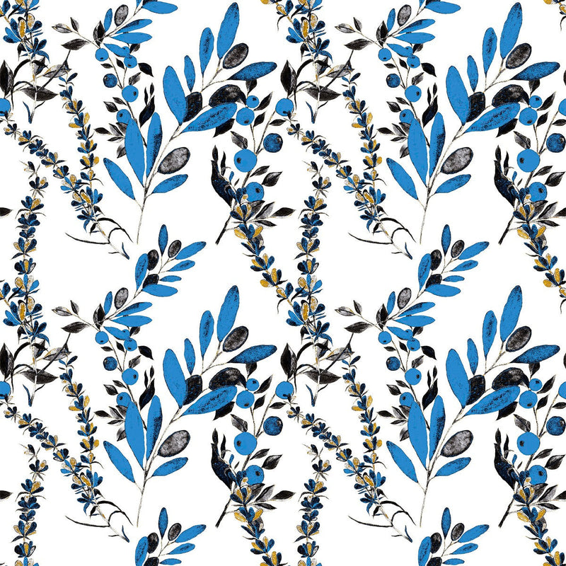 Fashionable Blue Leaves and Berries Wallpaper Vogue