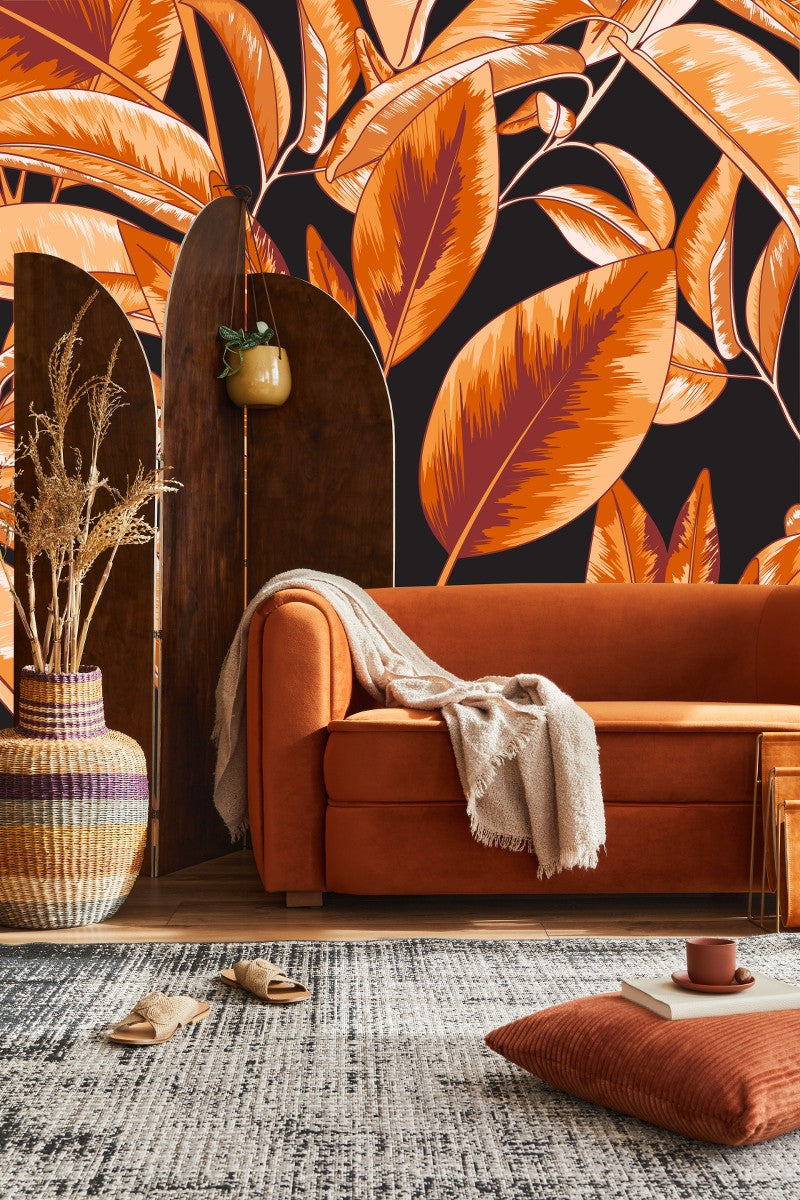 Stylish Black Wallpaper with Leaves Fashionable