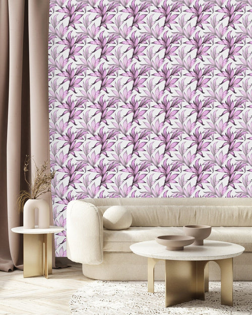 White Wallpaper with Pink Leaves