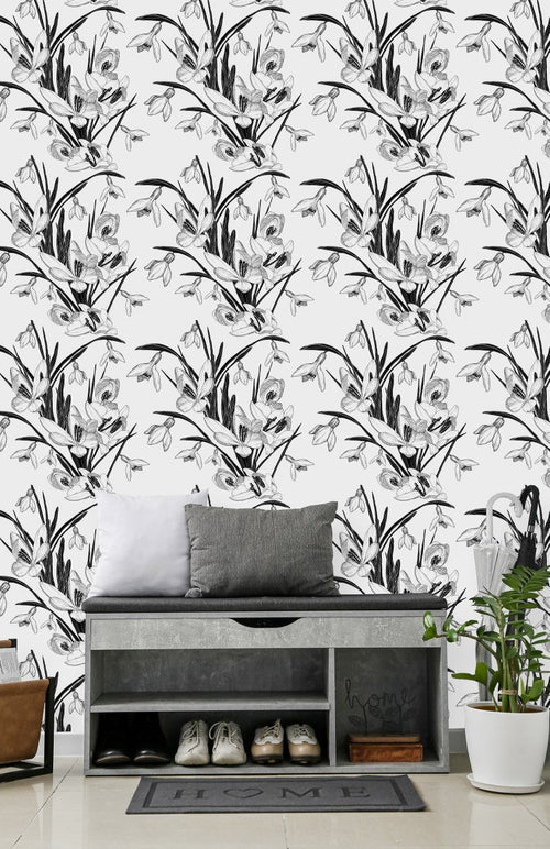 White Wallpaper with Black Flowers