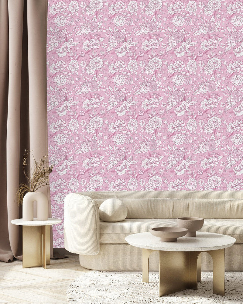 Contemporary Pink Floral Wallpaper Fashionable
