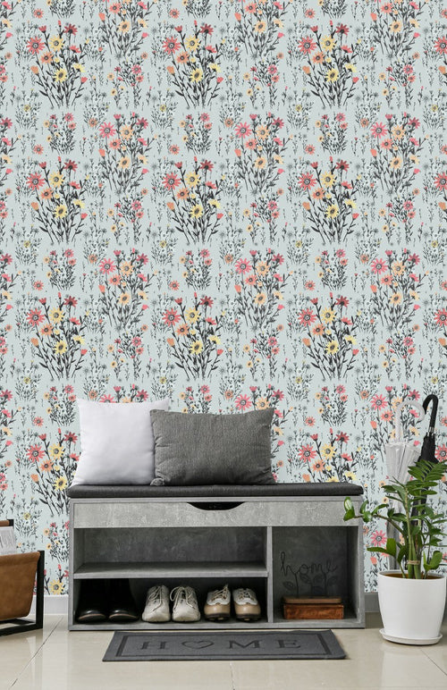 Contemporary Hand Drawn Wildflowers Wallpaper Tasteful