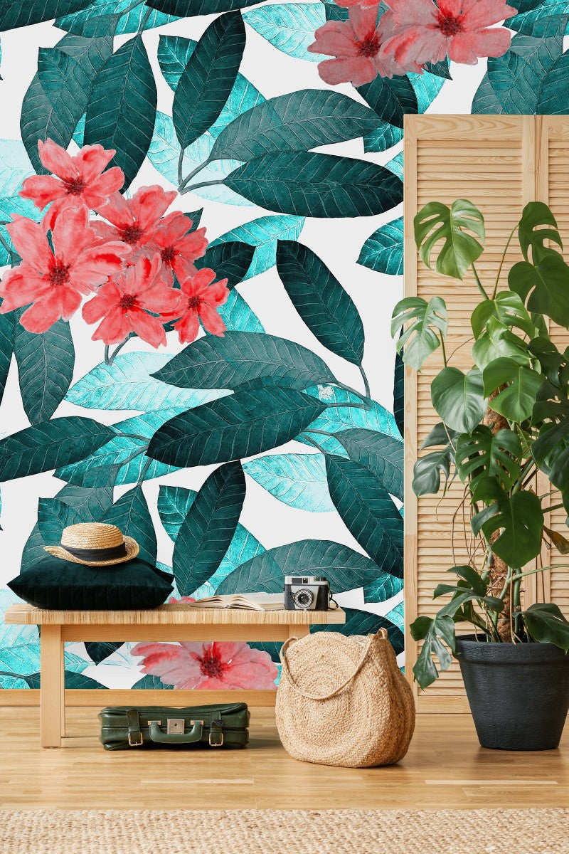 Pink Flowers and Turquoise Leaves Wallpaper