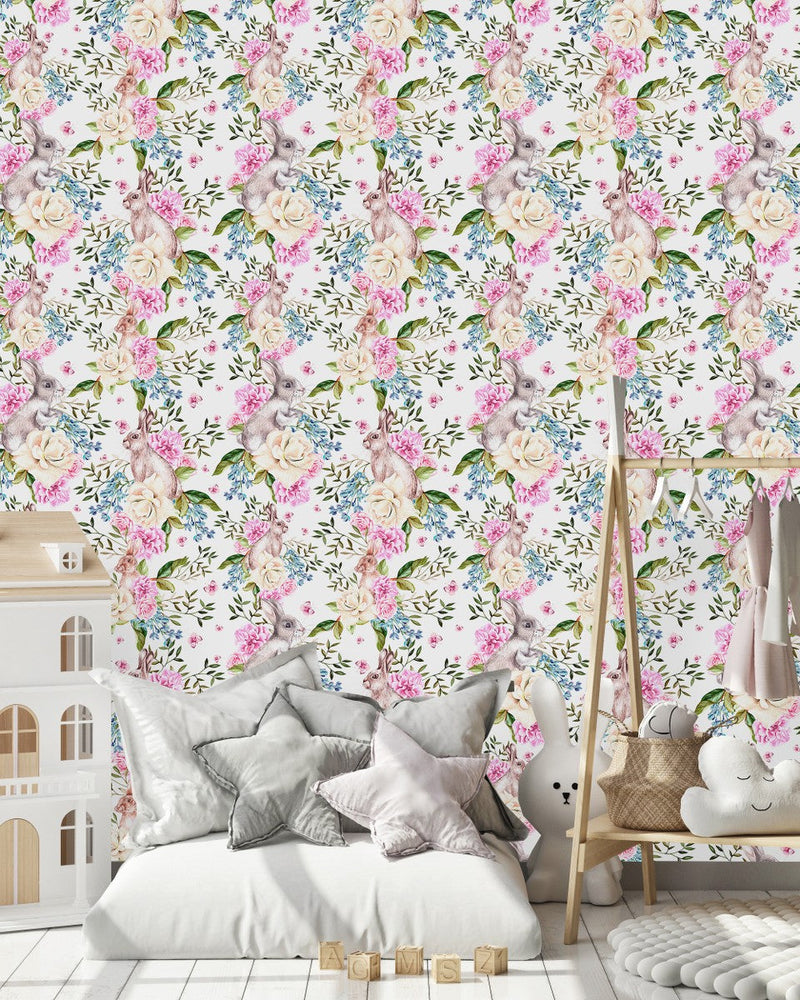 Fashionable Hares between Flowers Wallpaper High-Quality