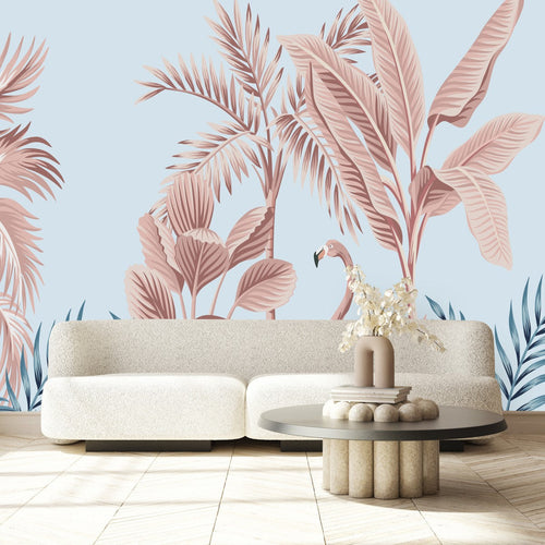 Beige Palms and Flamingo Wallpaper