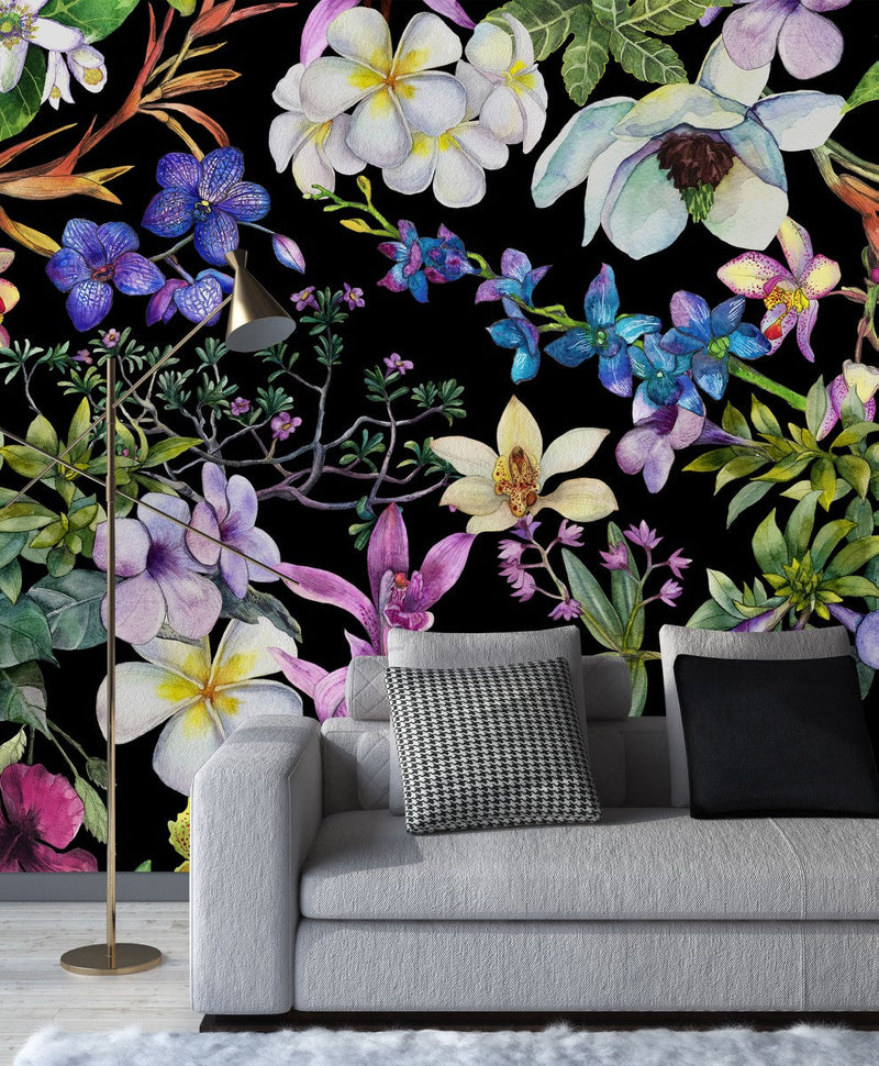 Colorful Wildflowers on Black Background Wallpaper
