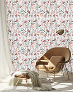 Contemporary White Wallpaper with Pink Flowers Chic