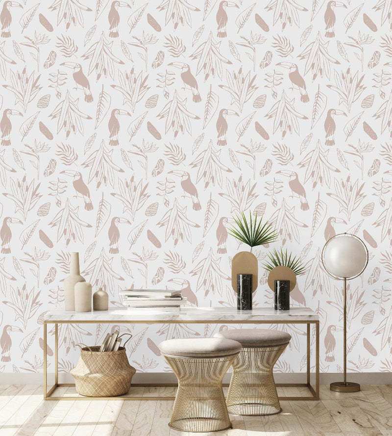 Beige Toucan and Plants Pattern Wallpaper