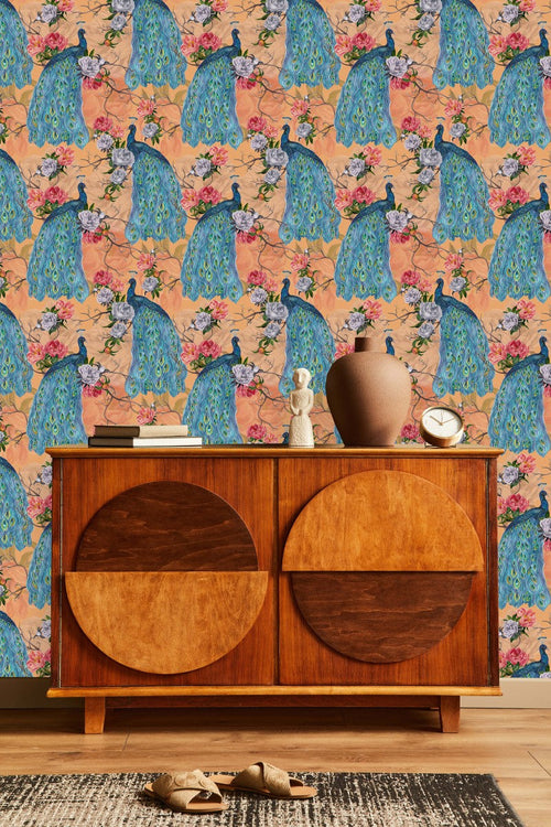 Orange Floral Wallpaper with Peacocks