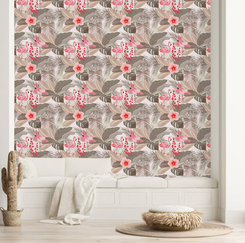 Beige Palm Leaves Wallpaper with Flamingos