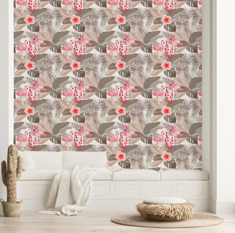 Beige Palm Leaves Wallpaper with Flamingos