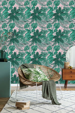 Pink Wallpaper with Green Plants