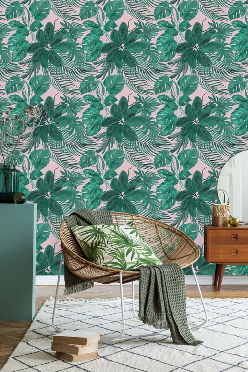 Pink Wallpaper with Green Plants