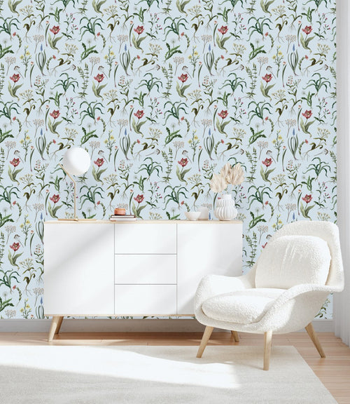 Botanical Flowers on Blue Background Wallpaper