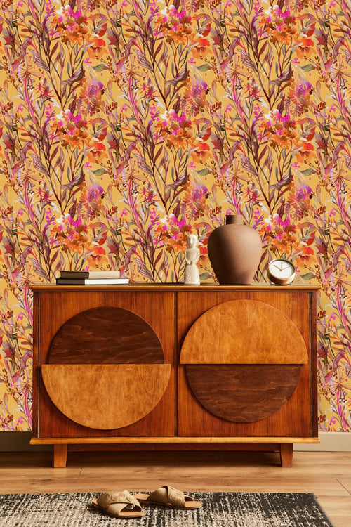 Contemporary Orange Floral Wallpaper Vogue Select