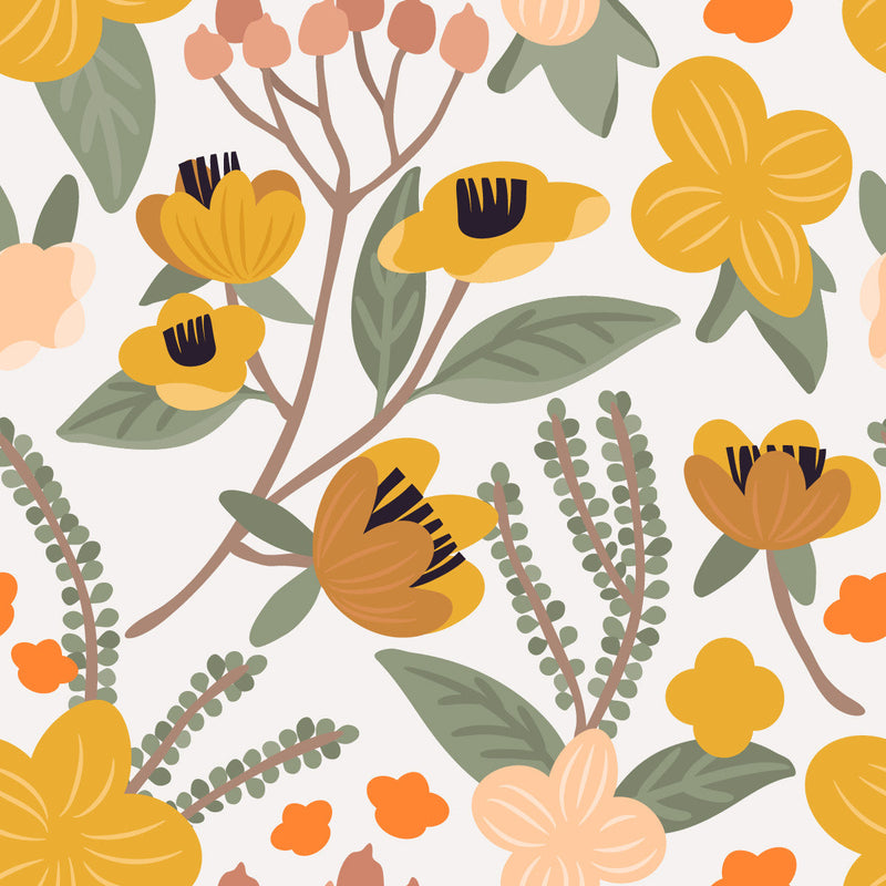 White Wallpaper with Orange Flowers