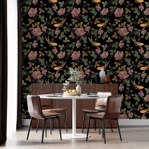 Flowers and Gold Fish Pattern Wallpaper