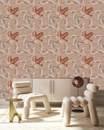 Beige Wallpaper with Leaves and Berries
