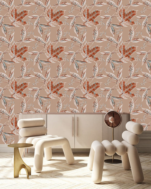 Beige Wallpaper with Leaves and Berries