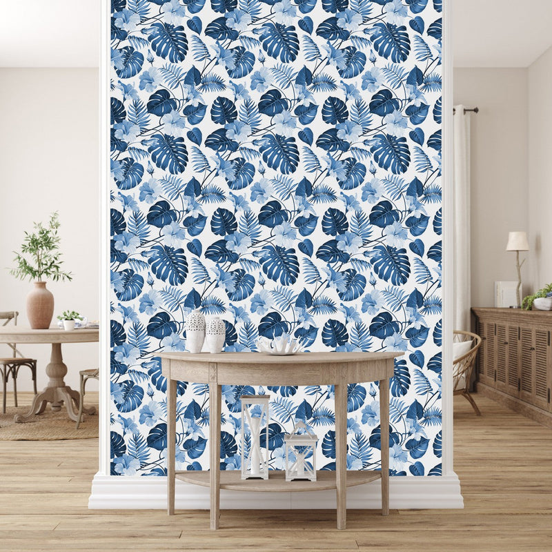 Blue Exotic Leaves and Flowers Wallpaper
