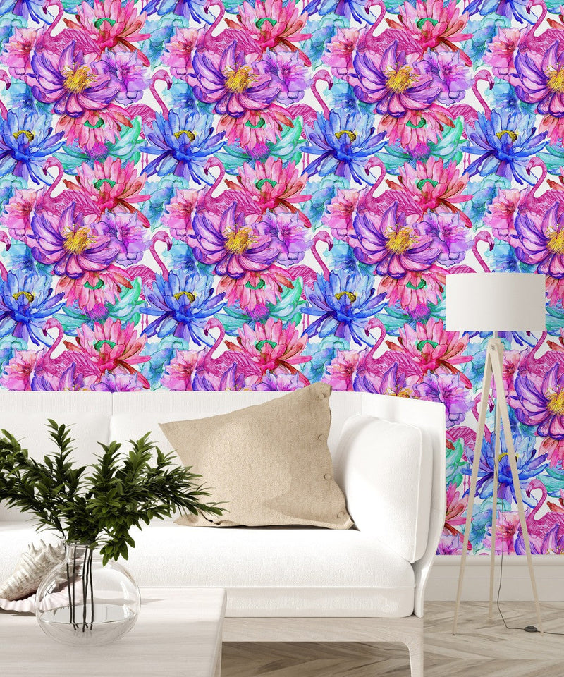 Bright Flamingos and Flowers Wallpaper