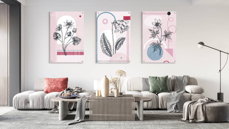 Flowers and Geometric Design Set of 3 Prints Modern Wall Art Modern Artwork