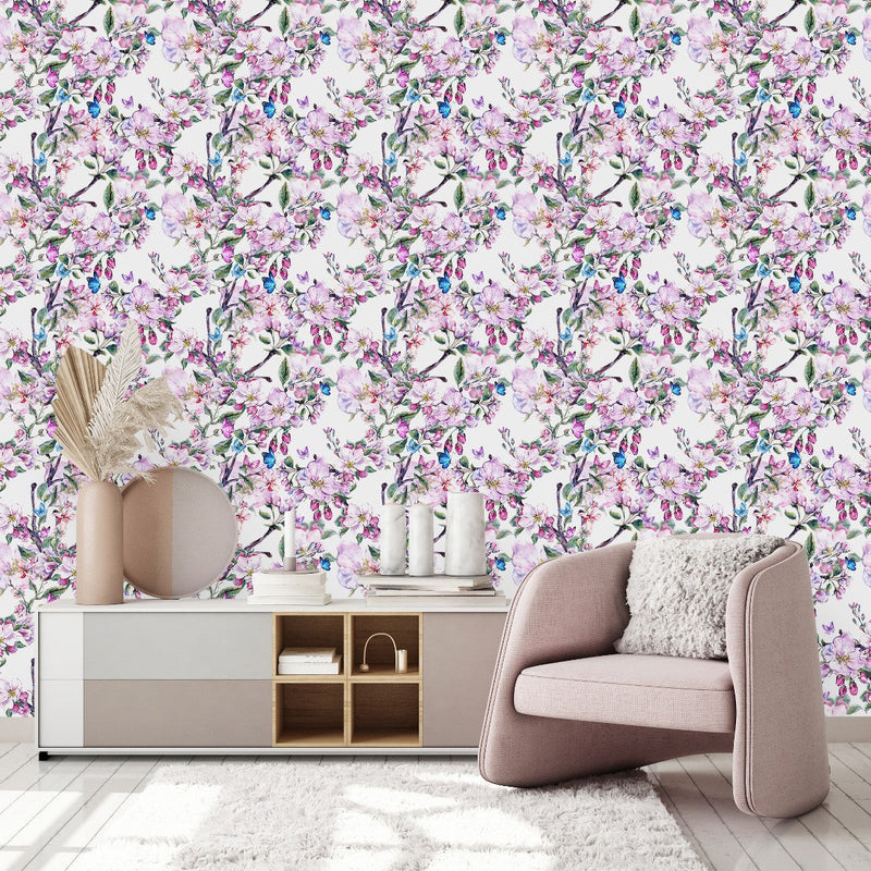 White Wallpaper with Apricot Tree