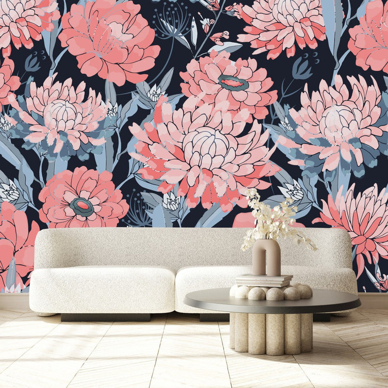 Pink Flowers with Grey Leaves Wallpaper
