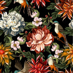 Peonies with Birds on Dark Background Wallpaper