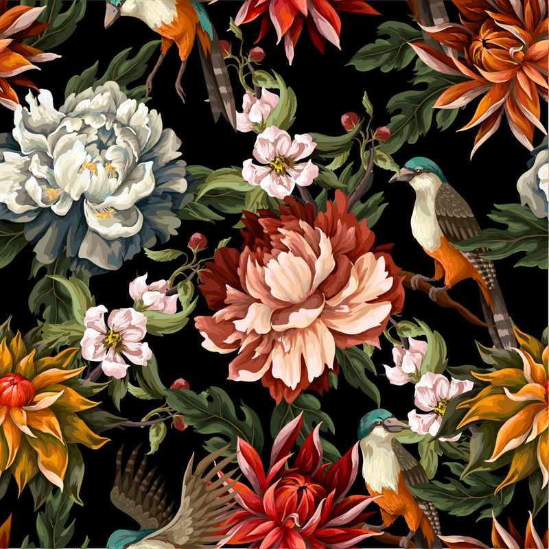 Peonies with Birds on Dark Background Wallpaper