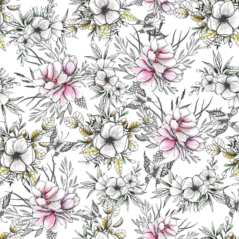 White Wallpaper with Flowers and Butterflies