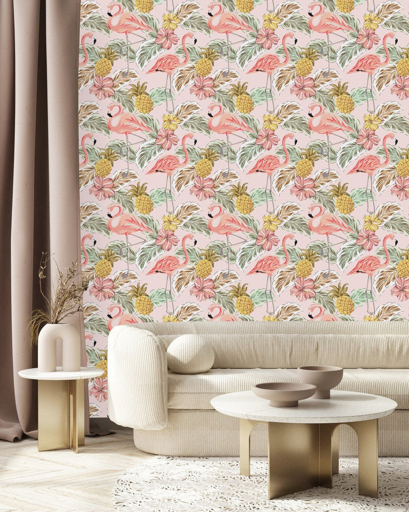 Pink Wallpaper with Pink Flamingos