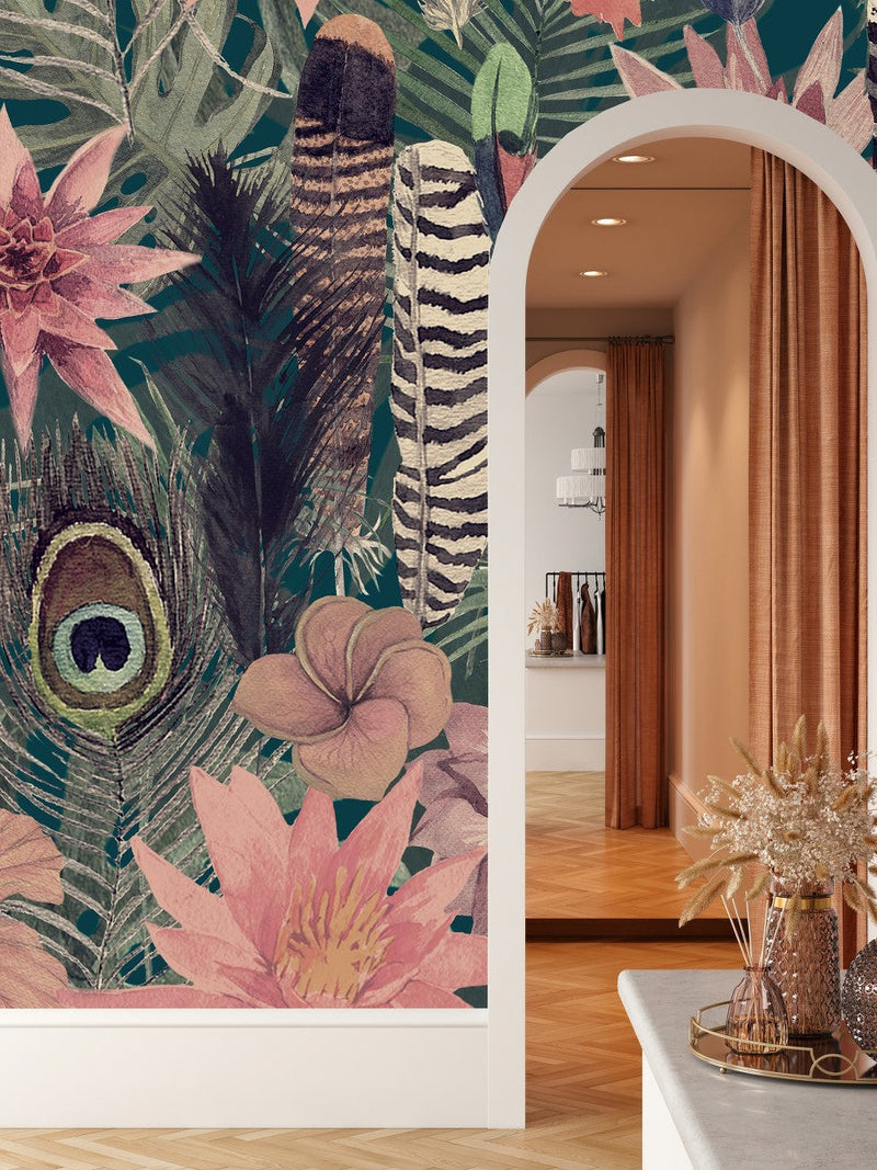 Modish Modern Feathers and Flowers Wallpaper