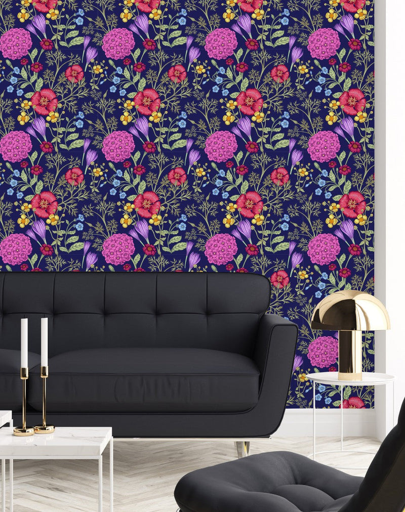 Brightly Flowers on Blue Background Wallpaper