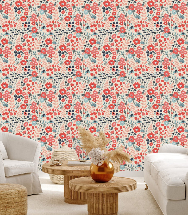 Contemporary Red Floral Wallpaper Smart