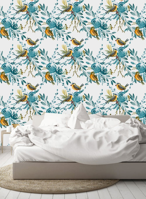 Birds on Blue Flowers Wallpaper