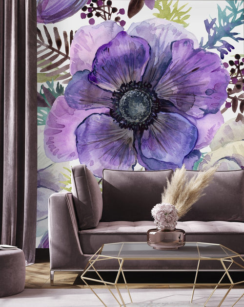 Purple Flowers and Leaves Wallpaper