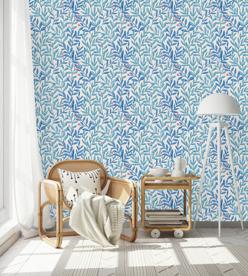 Elegant Blue Leaves and Berries Wallpaper Smart