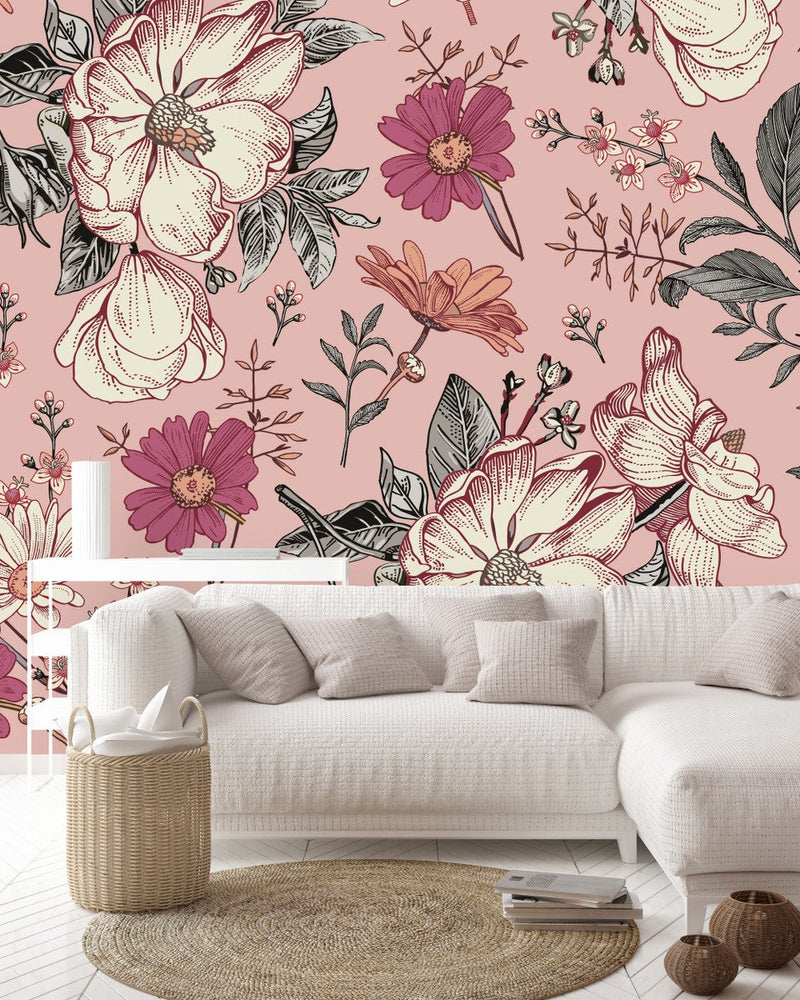 Modish Pink Flowers Wallpaper Chic