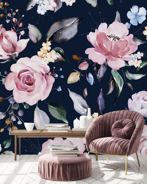 Fashionable Dark Wallpaper with Pink Roses