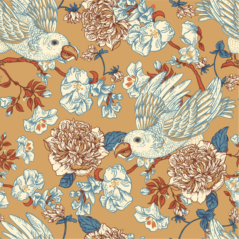 Beige Floral Wallpaper with Birds