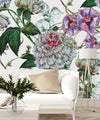 White Floral Wallpaper with Peonies