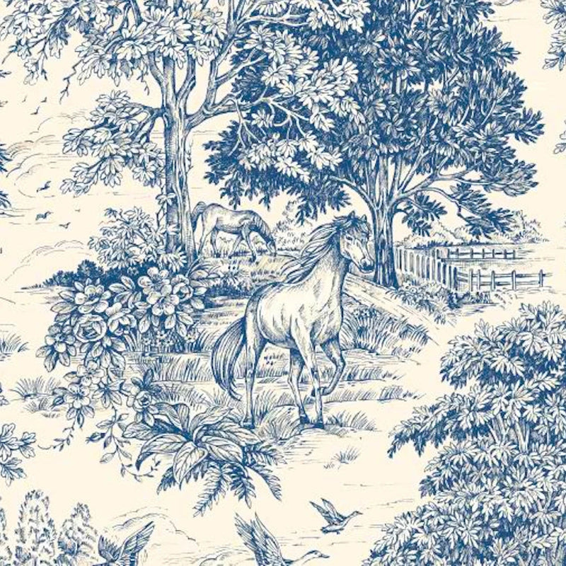 Shower Curtain in Yellowstone Bluebell Blue Country Toile- Horses, Deer, Dogs- Large Scale