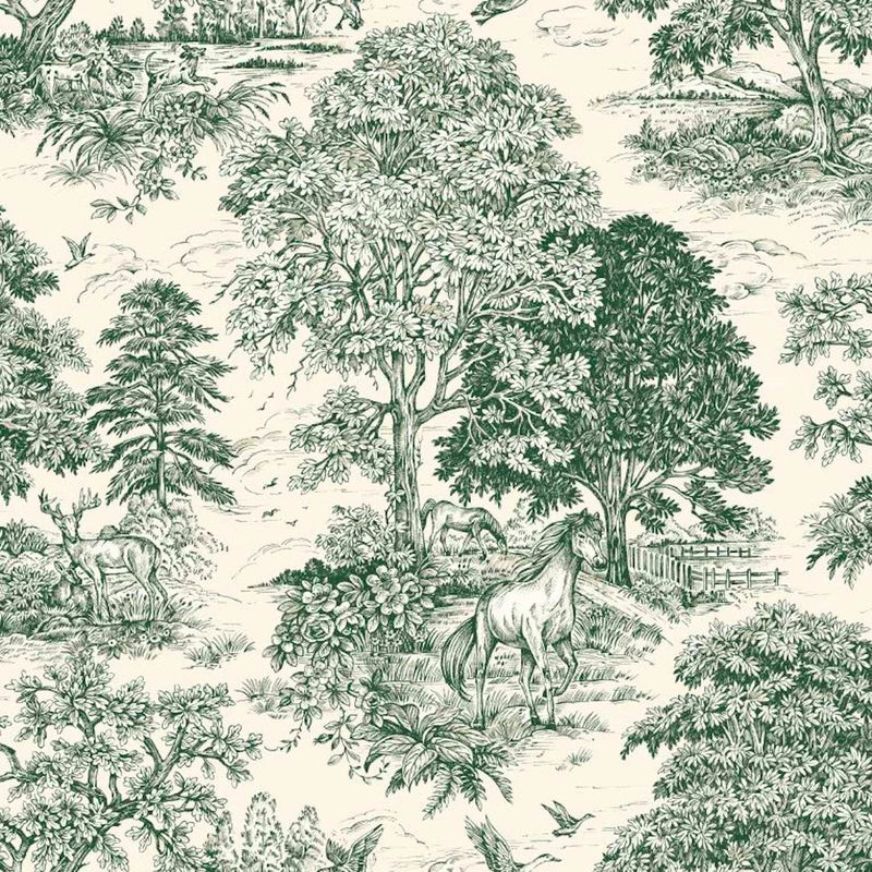 Shower Curtain in Yellowstone Classic Green Country Toile- Horses, Deer, Dogs- Large Scale